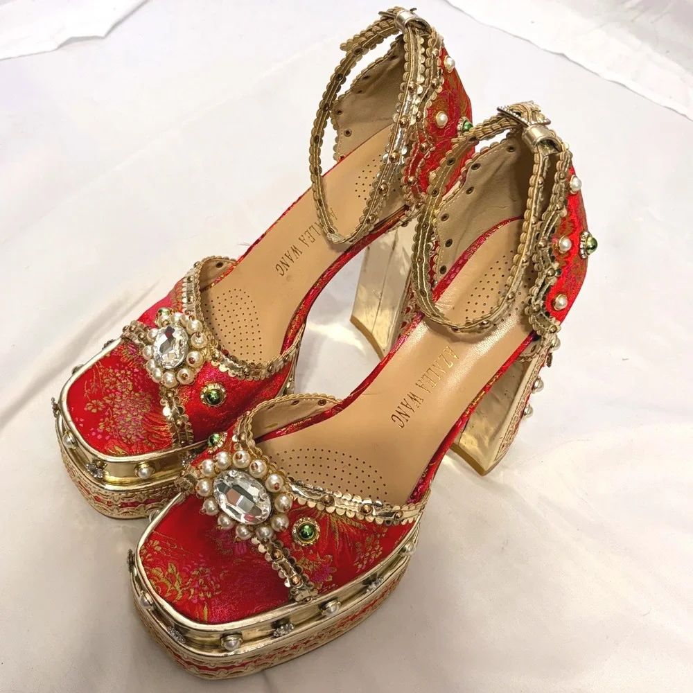 Azalea Wang Red and gold Brocade Platform Heels with Embellished Beads & Crystal
